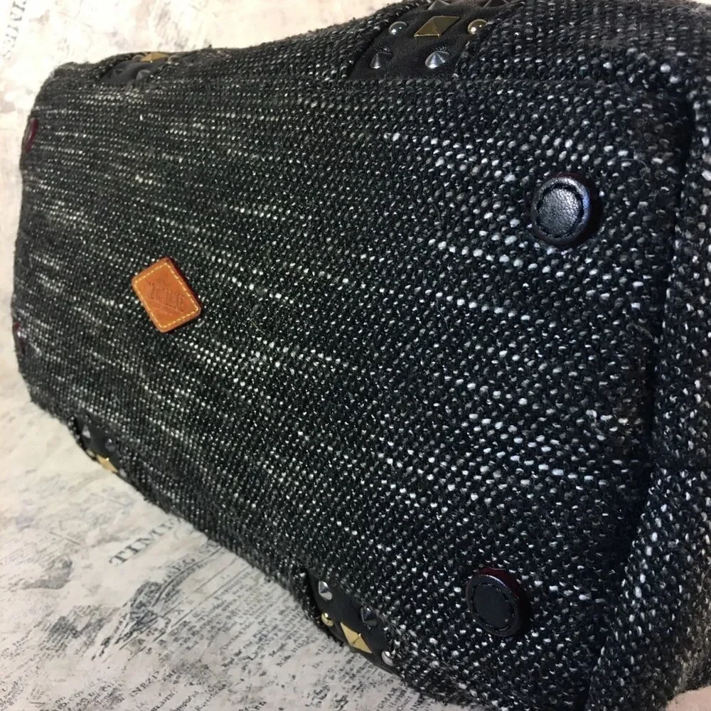 MZ Wallace Lillian Draper Tweed Satchel Leather Trim Studded Shoulder Bag